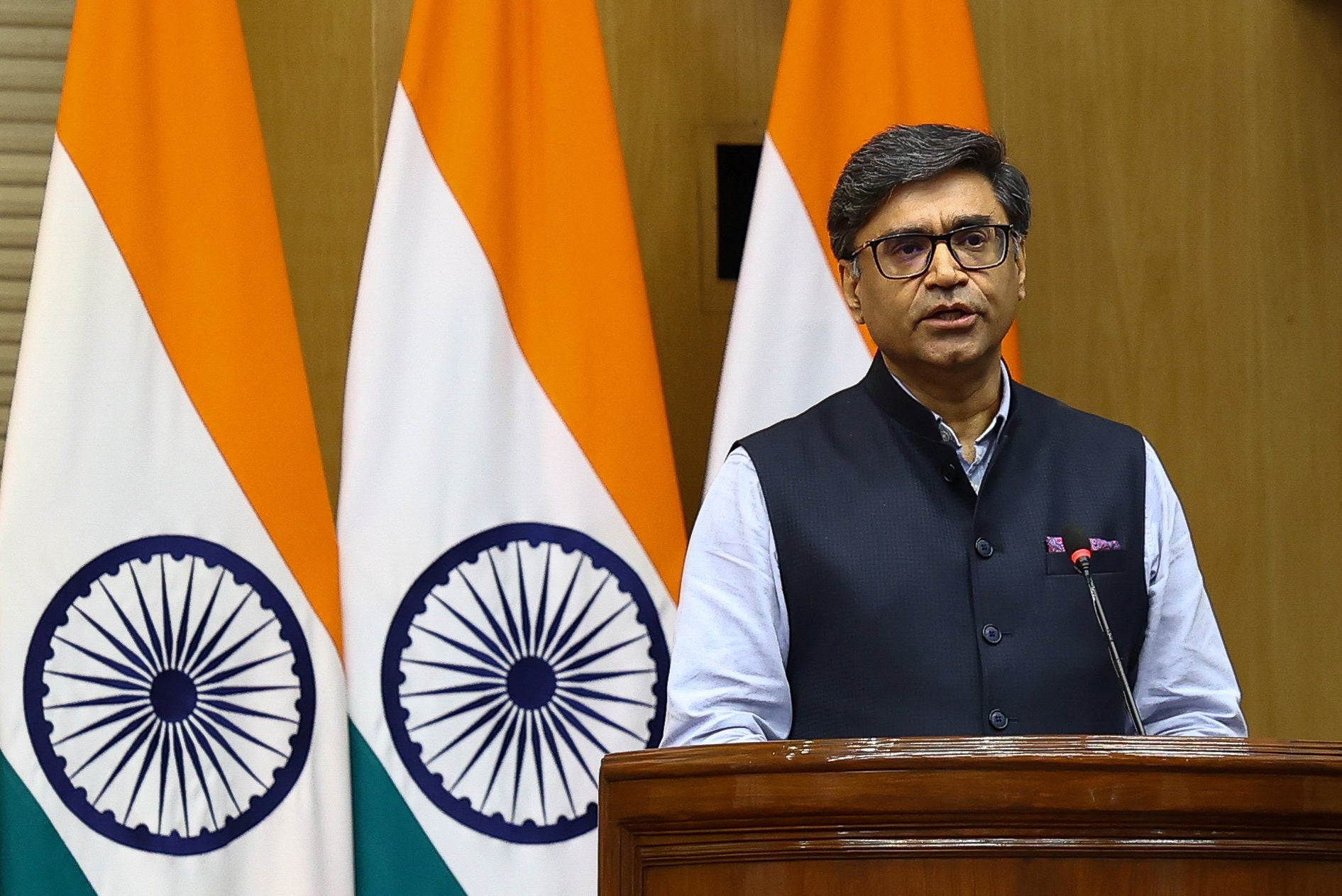 India's foreign secretary Vikram Misri holds a press briefing at Ministry of External Affairs (MEA) in New Delhi, India, 10 May 2025