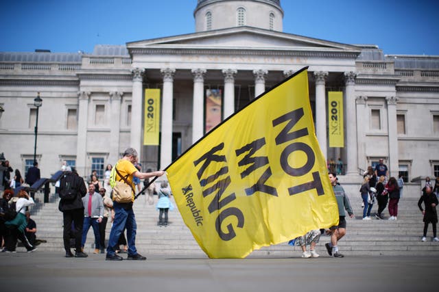 Several hundred people gathered in Trafalgar Square on Saturday for the anti-monarchy demonstration (James Manning/PA)