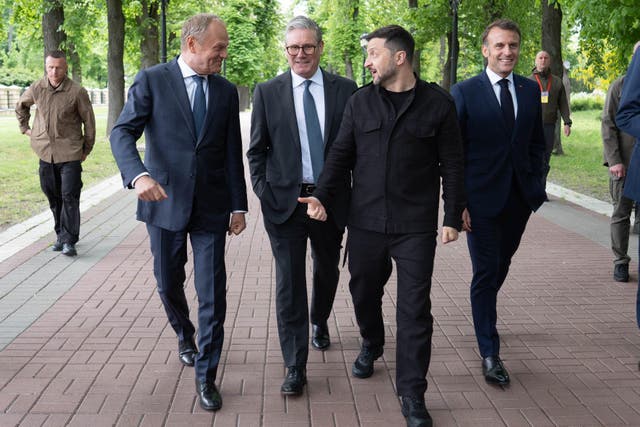 <p>(Left to right) Poland’s Prime Minister Donald Tusk, Prime Minister Sir Keir Starmer, Ukrainian President Volodymyr Zelensky and French President Emmanuel Macron (Stefan Rousseau/PA)</p>