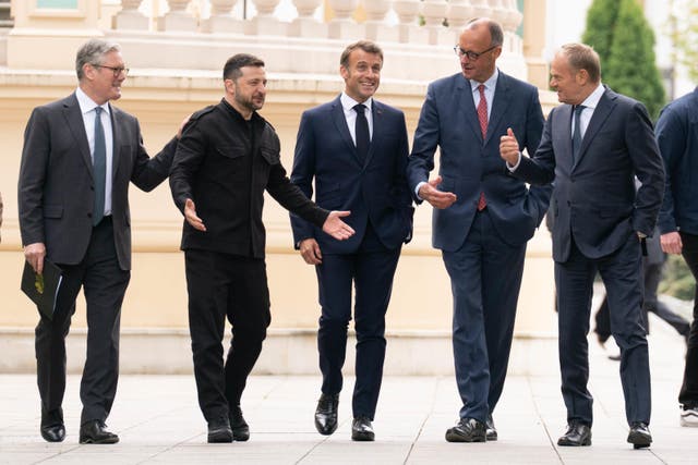 <p>(left to right) Prime Minister Sir Keir Starmer, Ukrainian President Volodymyr Zelensky, French President Emmanuel Macron, German Chancellor Friedrich Merz and Poland’s Prime Minister Donald Tusk at the Presidential Palace in Kyiv (Stefan Rousseau/PA)</p>