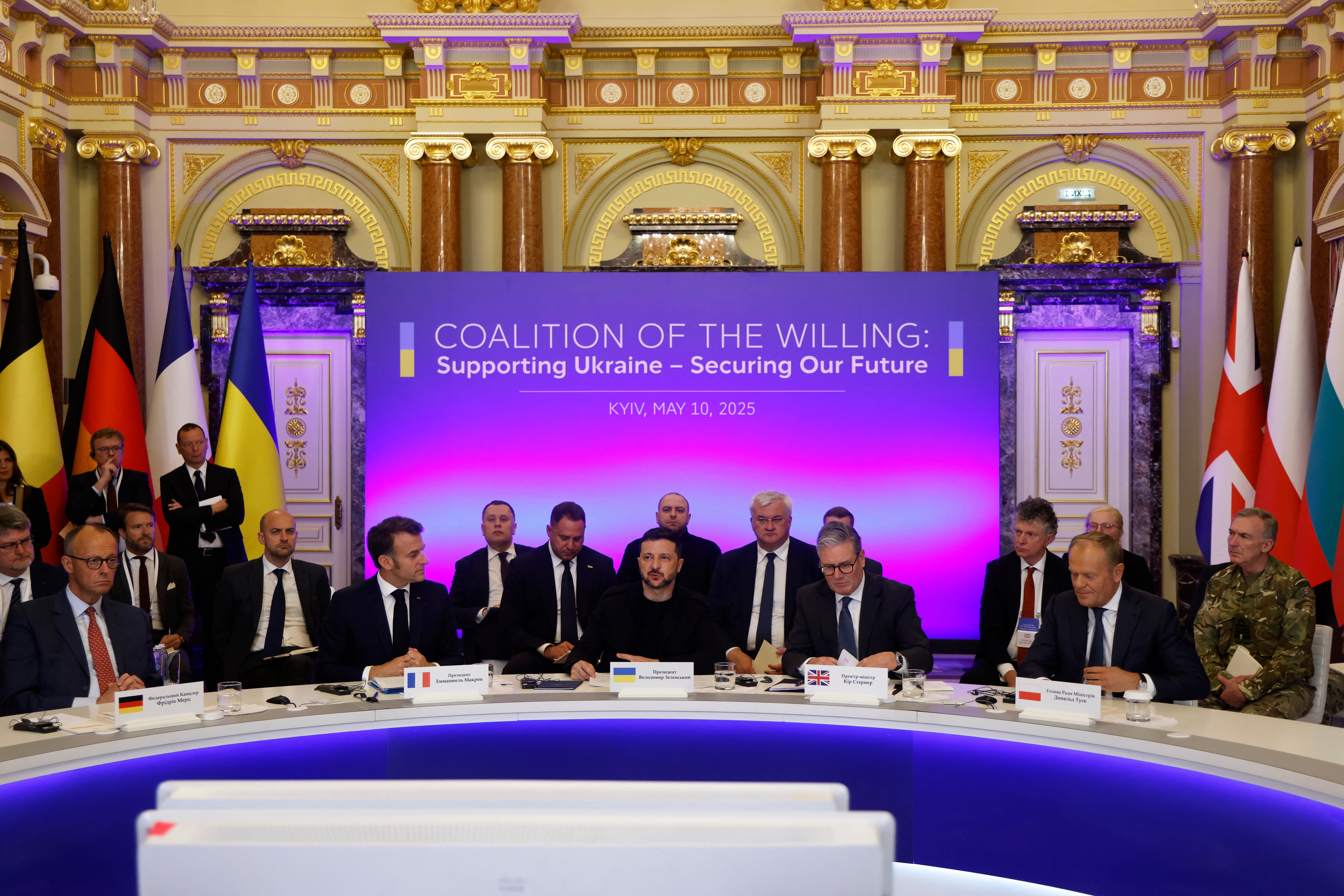 (From L) Germany's Chancellor Friedrich Merz, France's President Emmanuel Macron, Ukraine's President Volodymyr Zelensky, Britain's Prime Minister Keir Starmer and Poland's Prime Minister Donald Tusk attend a meeting of the "coalition of the willing" at the Mariinskyi Palace,