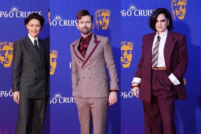 Emma Willis, David Tennant and Jessie J sported retro tailoring at the Baftas (Ian West/PA)