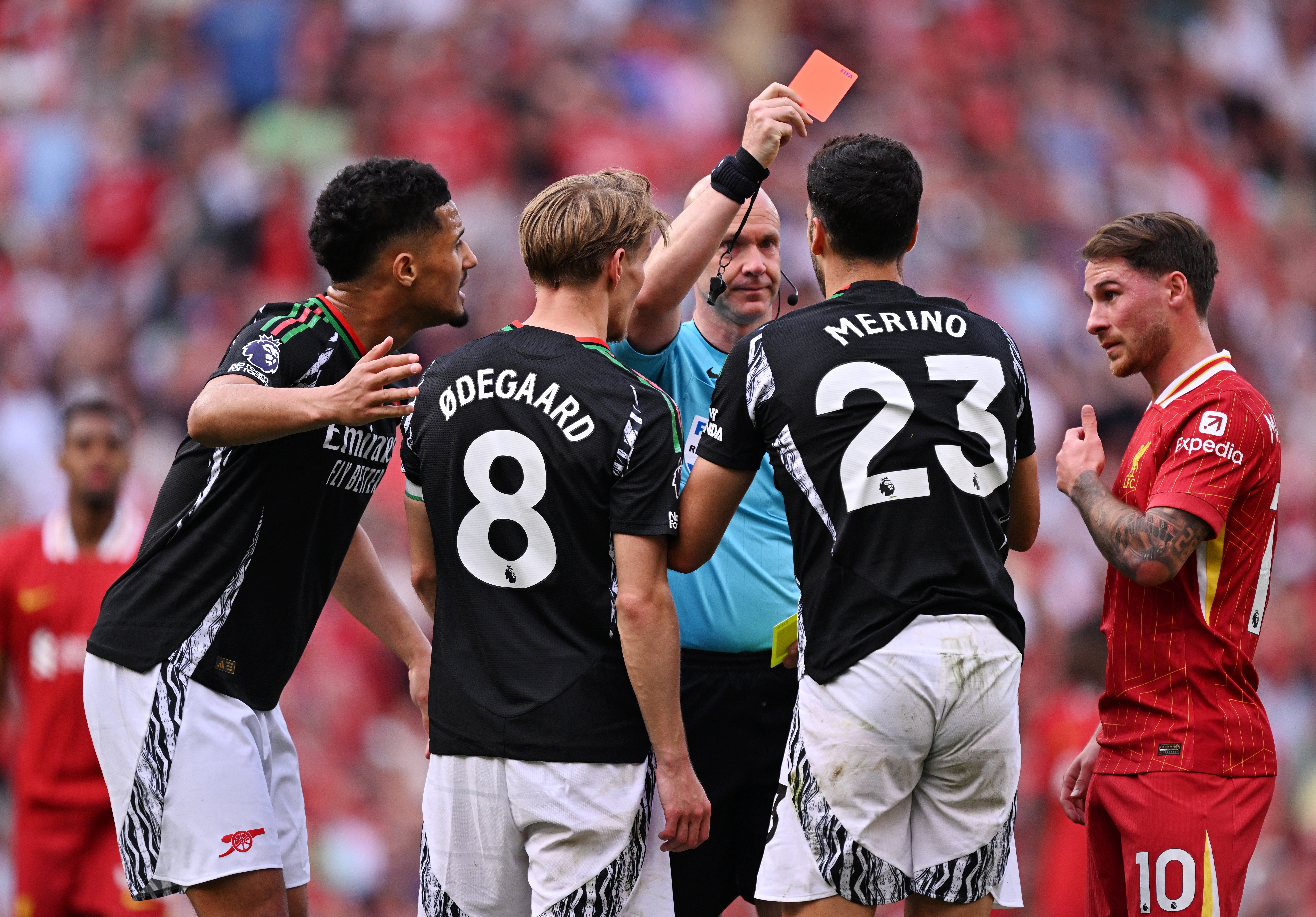 Mikel Merino was sent off with 10 minutes to go but Arsenal clung on for a draw