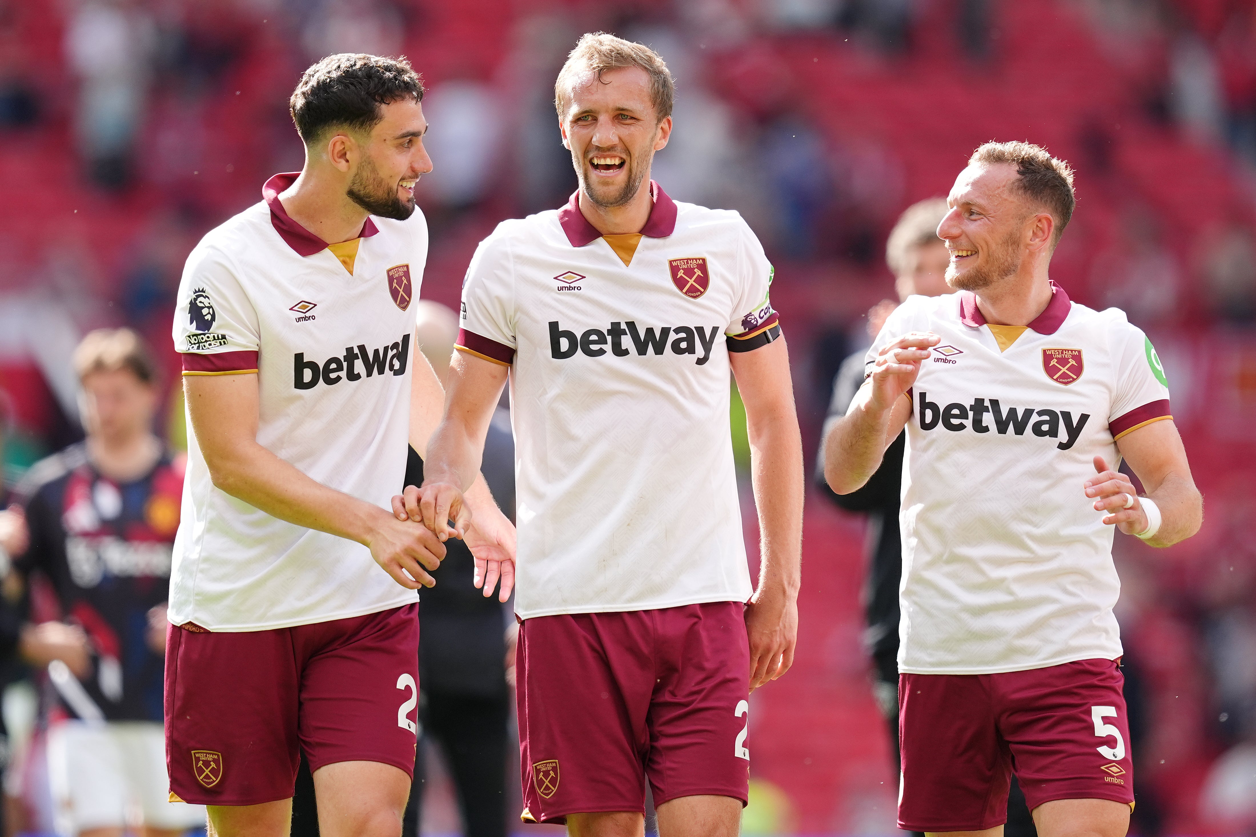 West Ham’s Tomas Soucek (centre) and team-mates celebrate (Martin Rickett/PA)