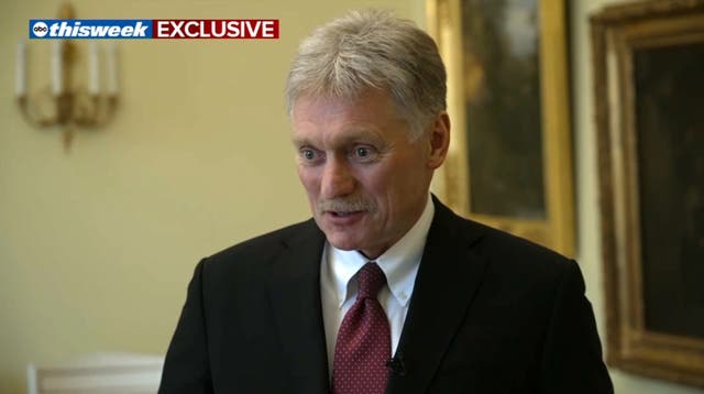 <p>Dmitry Peskov said in an interview airing Sunday that defense shipments to Ukraine would need to be halted for a full ceasefire to take place</p>