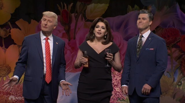 <p>James Austin Johnson, Cecily Strong and Colin Jost on SNL</p>