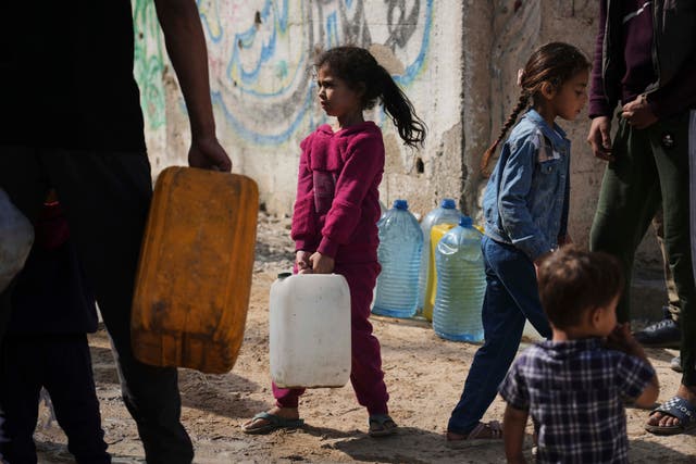 <p>Palestinians collect water in jerrycans at a distribution point west of Gaza City</p>