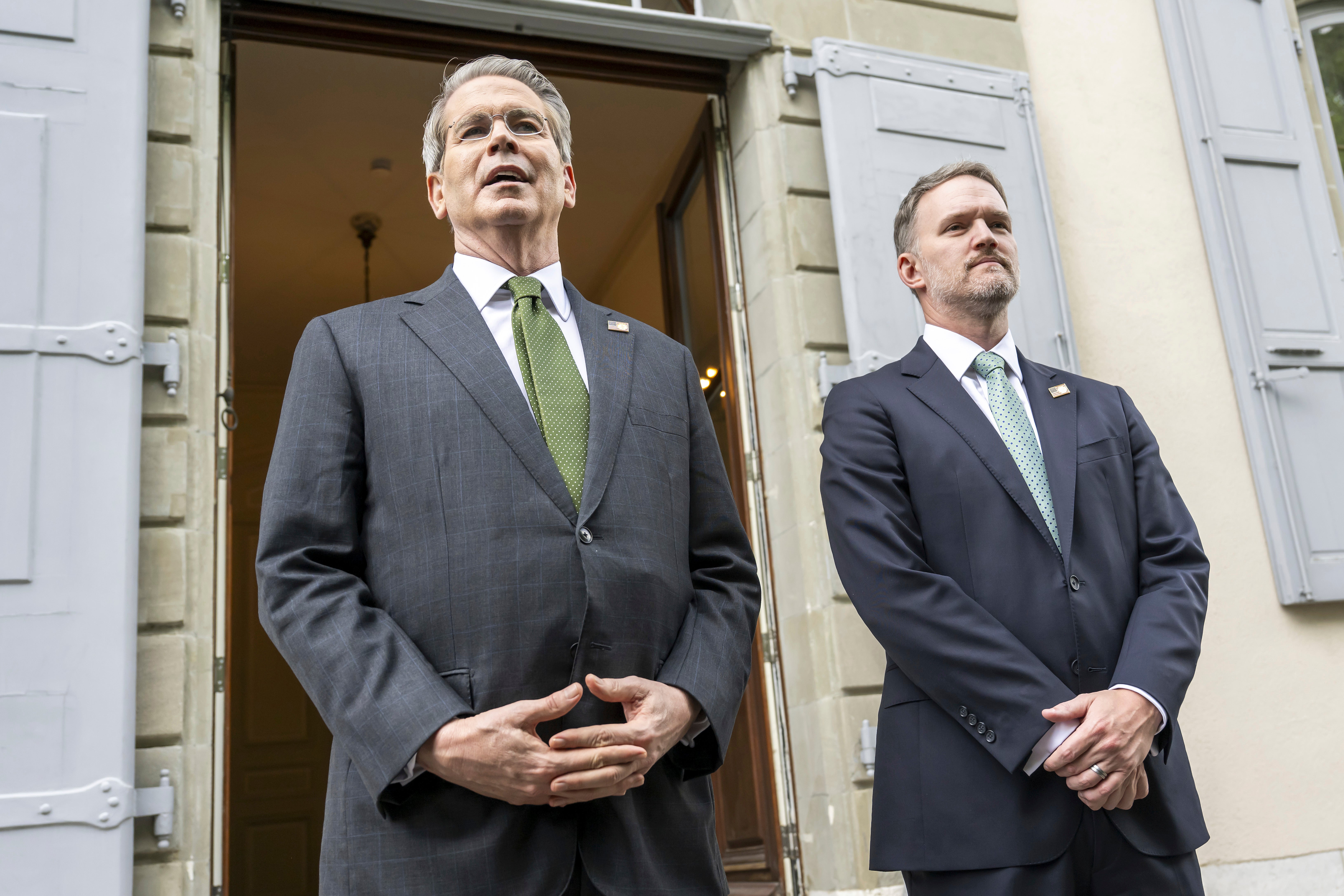US Secretary of the Treasury Scott Bessent, left, and US Trade Representative Jamieson Greer meet the media on the second day of a bilateral meeting between the United States and China, in Geneva