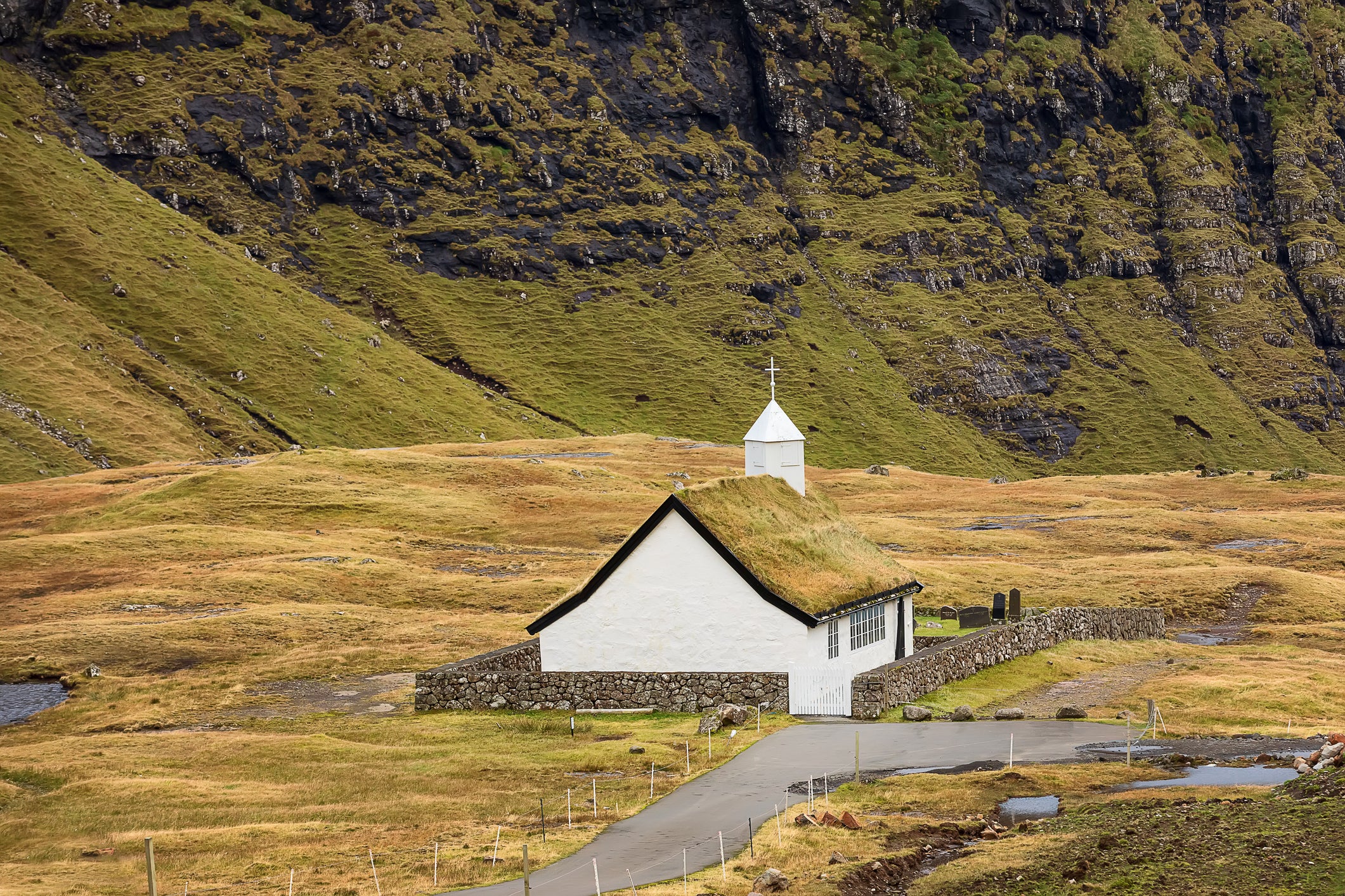 This white Lutheran church, built in 1858, stands alone in Saksun