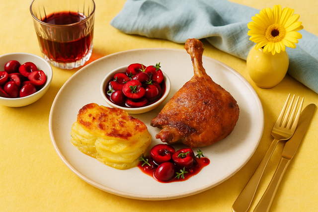 <p>Duck, dauphinoise and cherries – the kind of Sunday dinner that tastes better because you made it yourself, candles lit, wine breathing, record spinning</p>