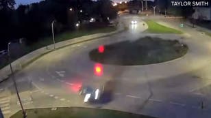Speeding driver goes airborne after hitting roundabout in Dallas