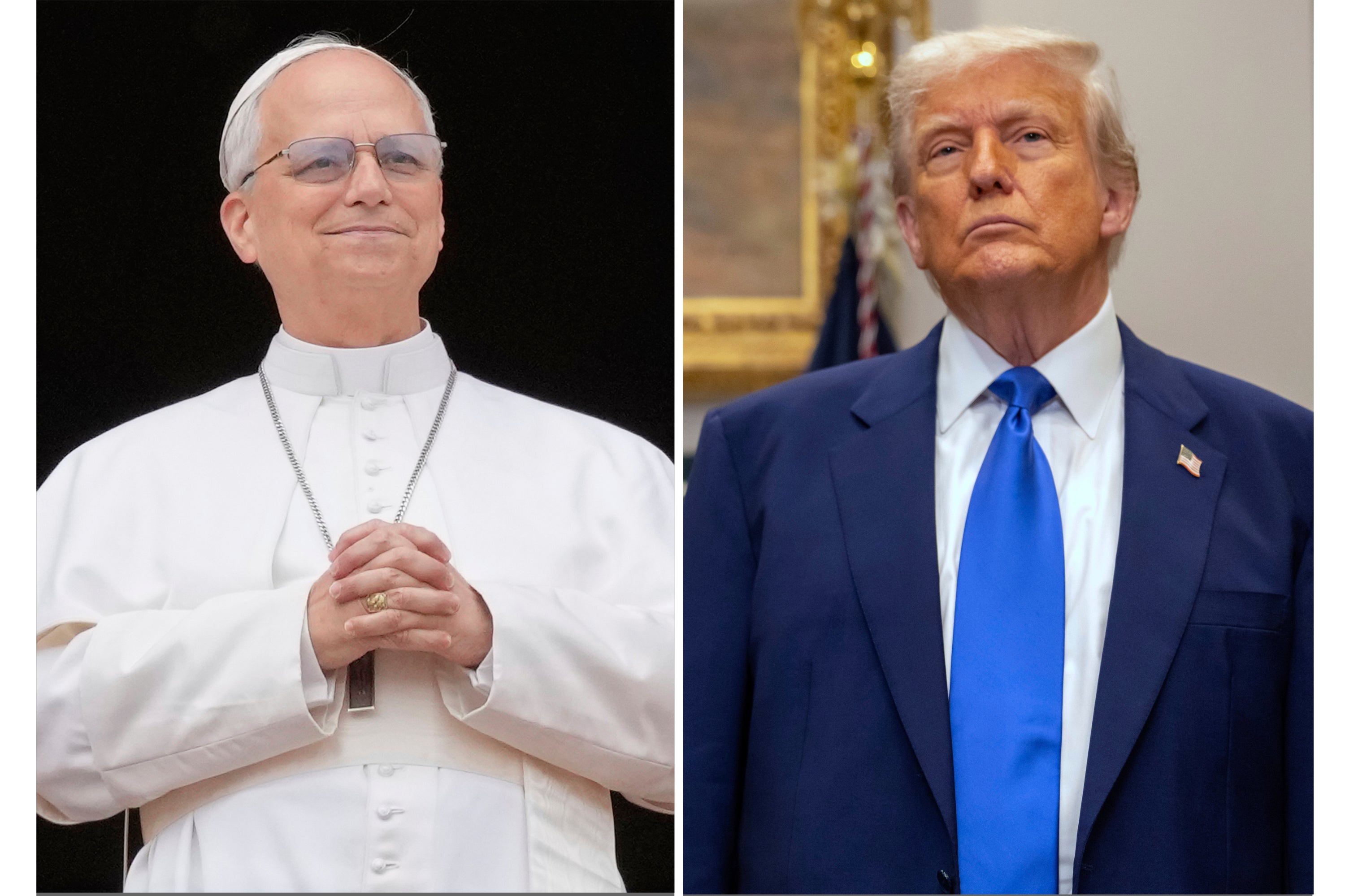 This combination photos shows Pope Leo XIV at the central balcony of St. Peter's Basilica at the Vatican and president Donald Trump during an event in the Roosevelt Room at the White House