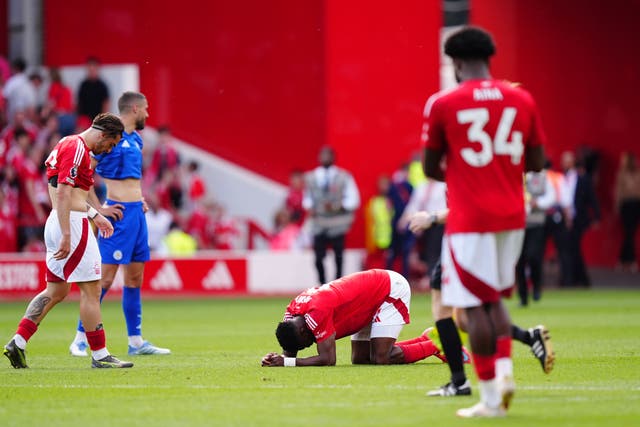 <p>Taiwo Awoniyi suffered a serious abdominal injury against Leicester</p>