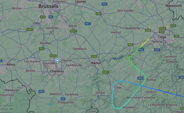 <p>Avoiding action: Flightpath of Ryanair plane diverted from Brussels-Charleroi to Liege in Belgium</p>