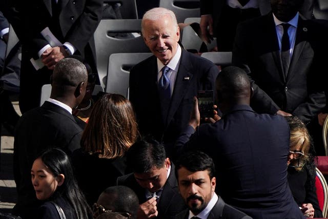 <p>Former U.S. President Joe Biden reacts, ahead of the funeral Mass of Pope Francis in St. Peter's Square at the Vatican, April 26, 2025</p>