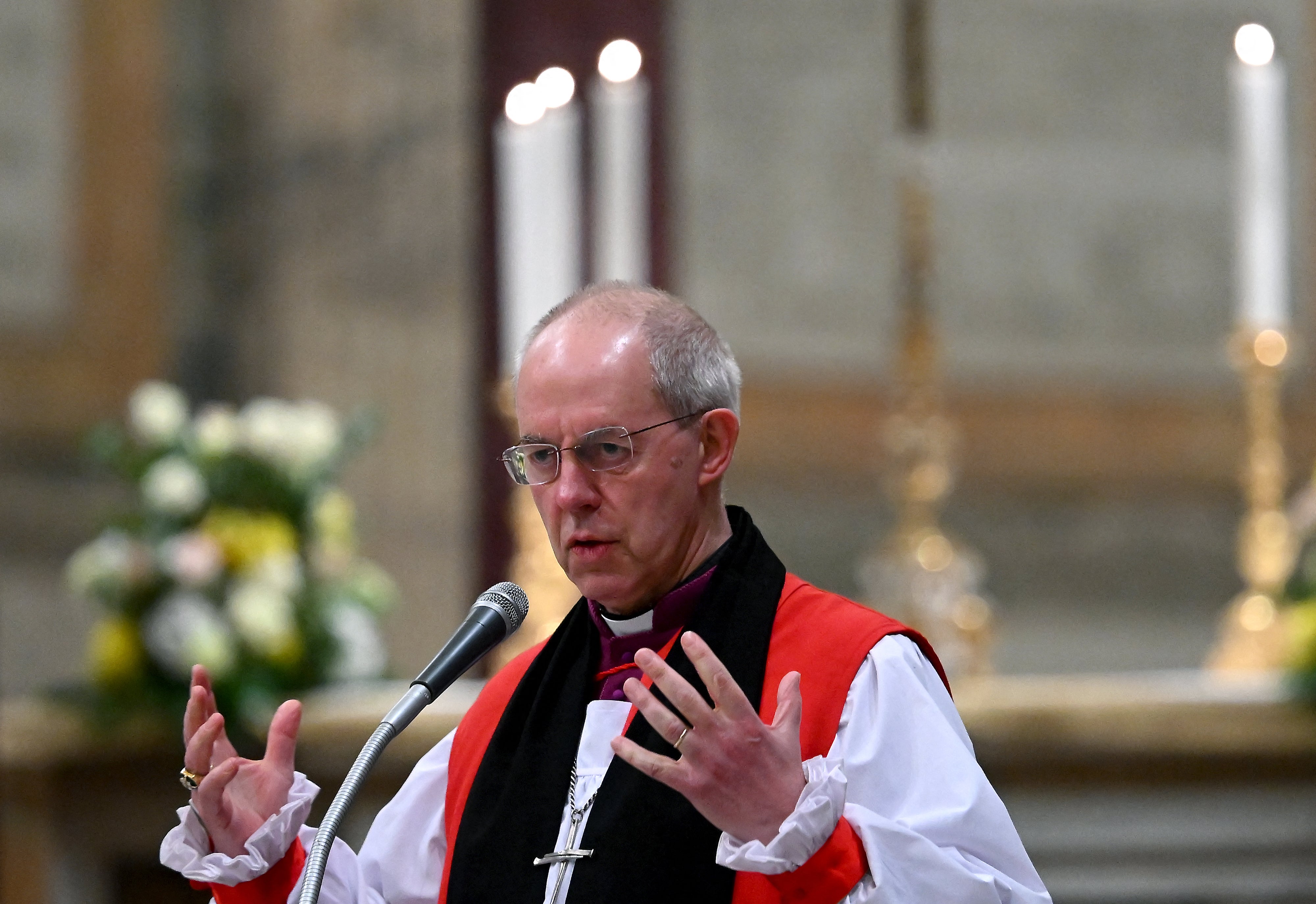 The archibishop of Canterbury Justin Welby presides over the celebration of vespers, on the solemnity of the conversion of Saint Paul, in the Basilica of St. Paul Outside The Walls in Rome on January 25, 2024
