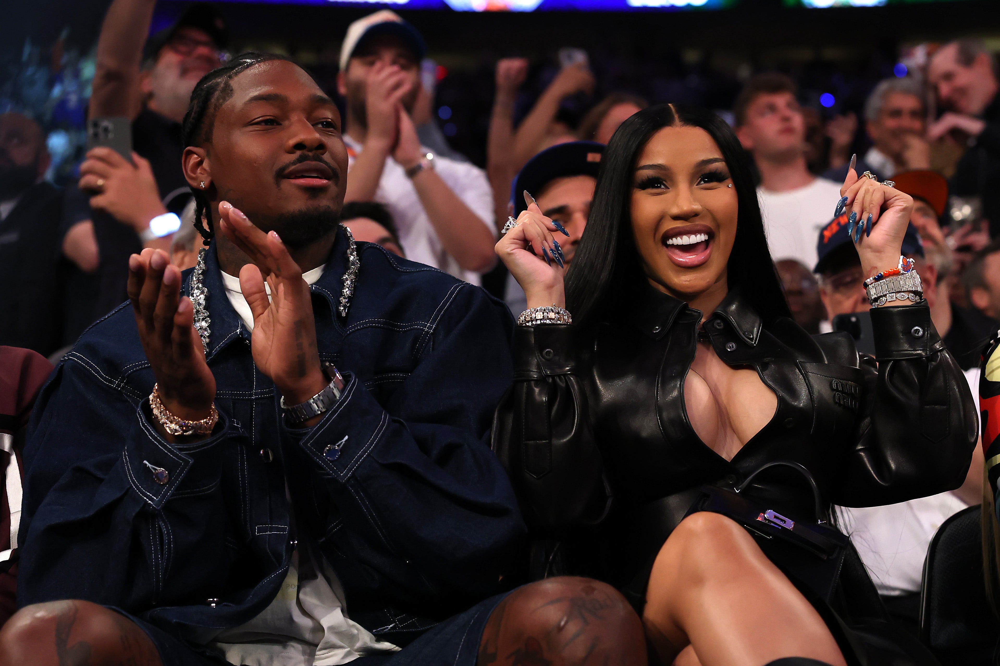 Stefon Diggs and Cardi B were all smiles at Monday's NBA playoff game between the Knicks and Celtics