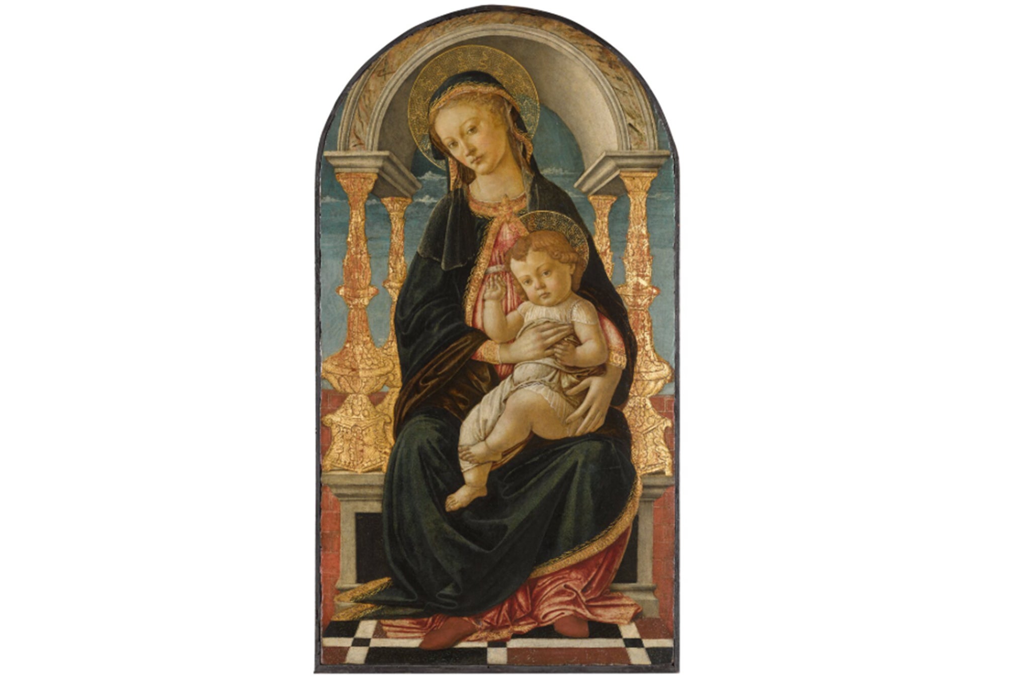 The painting depicts an image of the Virgin Mary sat on a throne with the child of Christ