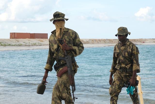 <p>Mozambican marines are seen guarding the docks of the LNG plant</p>