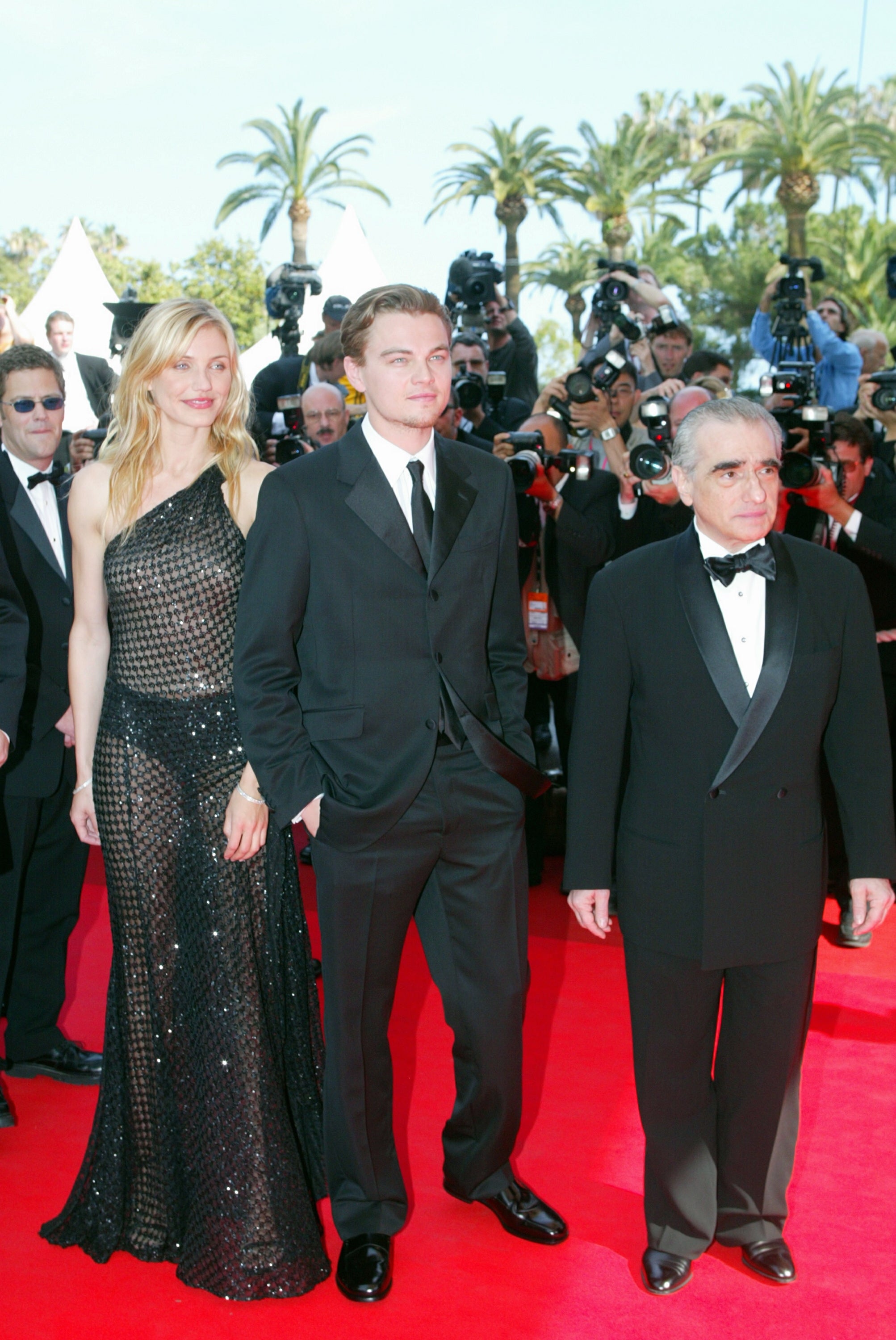 Next to Leonardo DiCaprio and director Martin Scorsese, Cameron Diaz wore a see-through black Versace gown to the Gangs of New York screening at the 2002 Cannes Film Festival