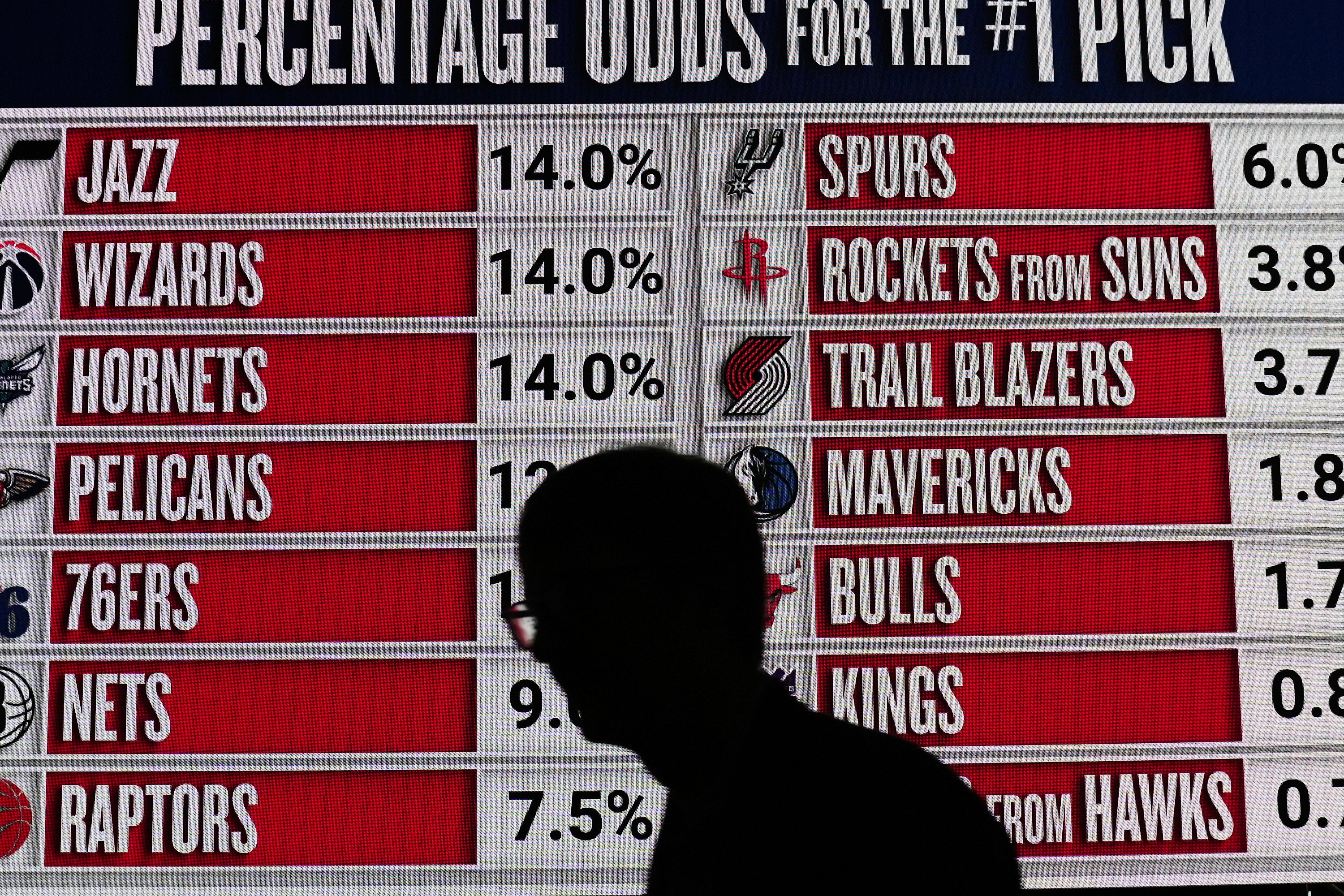 A man looks at the NBA basketball draft lottery order at the lottery in Chicago