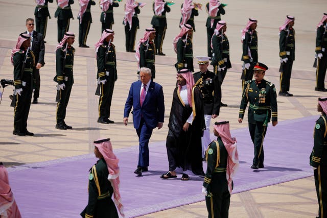 <p>U.S. President Donald Trump and Saudi Crown Prince Mohammed Bin Salman walk as he arrives at King Khalid International Airport in Riyadh, Saudi Arabia. </p>