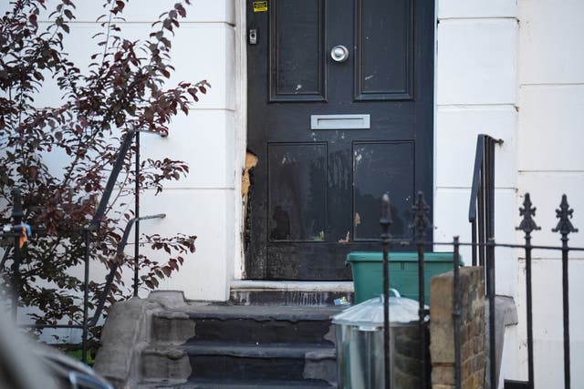 <p>A view of the entrance of a property linked to Prime Minister Sir Keir Starmer in Islington, north London, after a suspected arson attack</p>