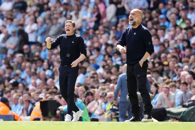 Oliver Glasner (left) and Pep Guardiola (right) meet at Wembley in the FA Cup final this weekend (Martin Rickett/PA)