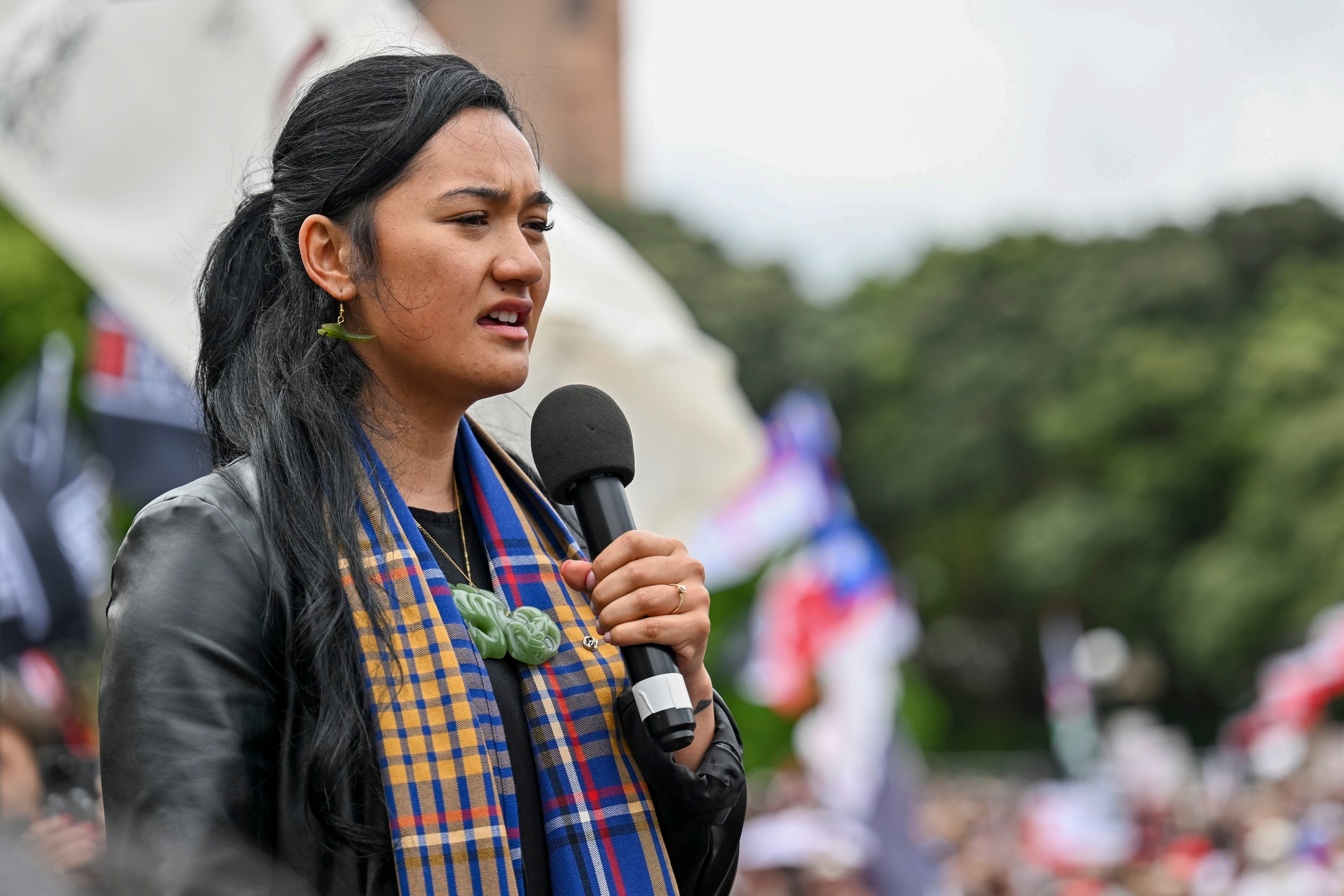 Hana-Rāwhiti Maipi-Clarke speaks to protesters outside parliament