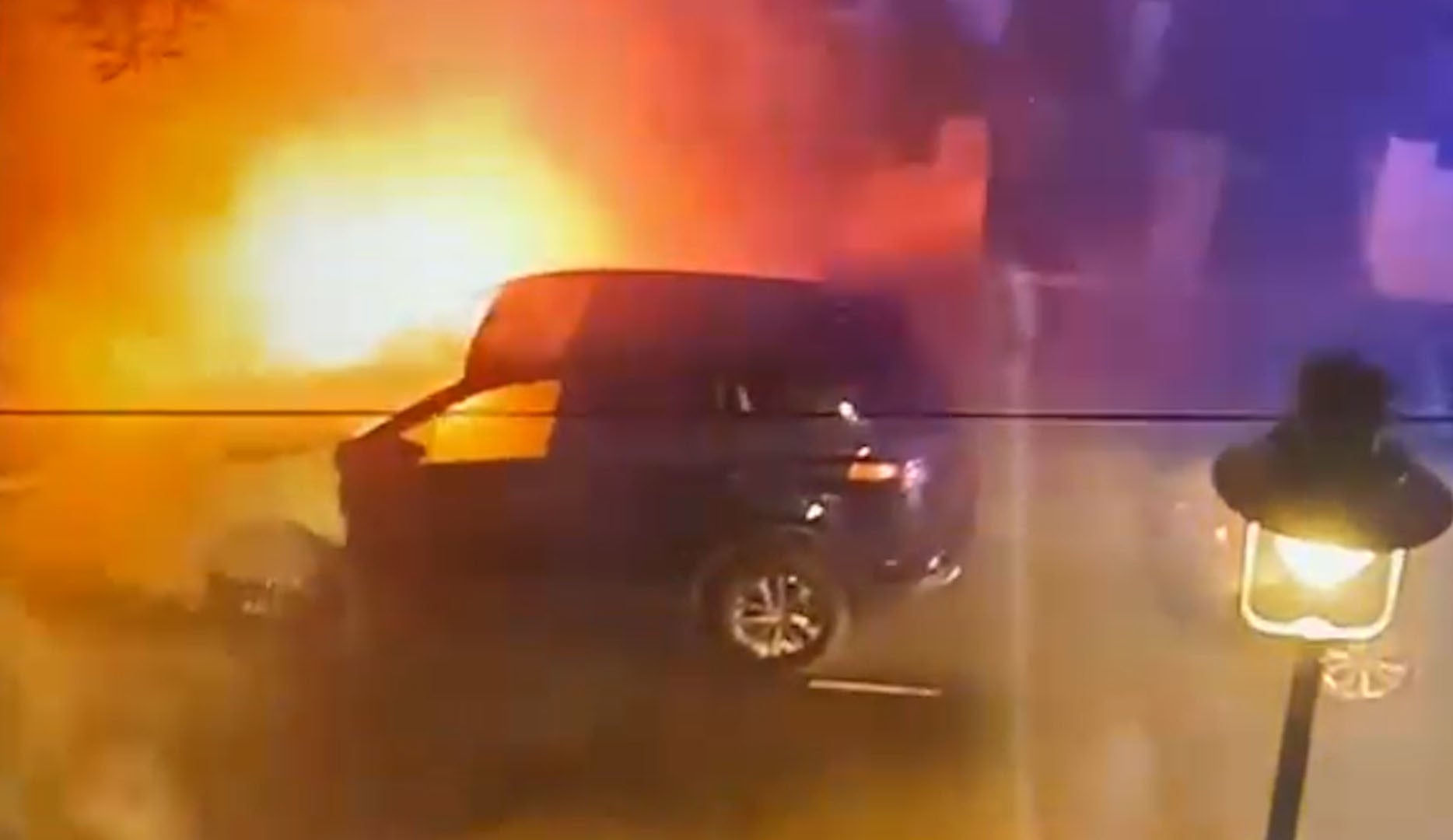A screengrab from a video of firefighters tackling a burning car in the same north London street where Prime Minister Sir Keir Starmer has a property (Linda Perry/PA)