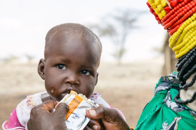 <p>Ereng, 18 months, eating the fortified peanut paste she has been given by as part of her malnutrition treatment</p>
