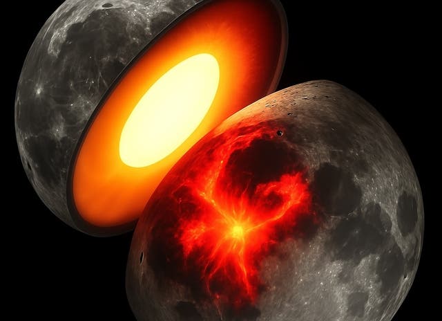 <p>This artist’s concept shows the moon’s hot interior billions of years ago. Now, NASA researchers say they’ve gotten a closer look inside the celestial body</p>