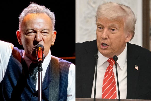 <p>Bruce Springsteen (left) in Manchester, where he railed against the 'corrupt' Donald Trump (right)</p>