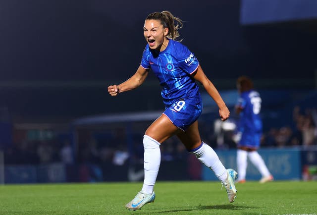<p>Johanna Rytting Kaneryd scored the opening goal of Chelsea’s season that could end in an unbeaten domestic treble</p>