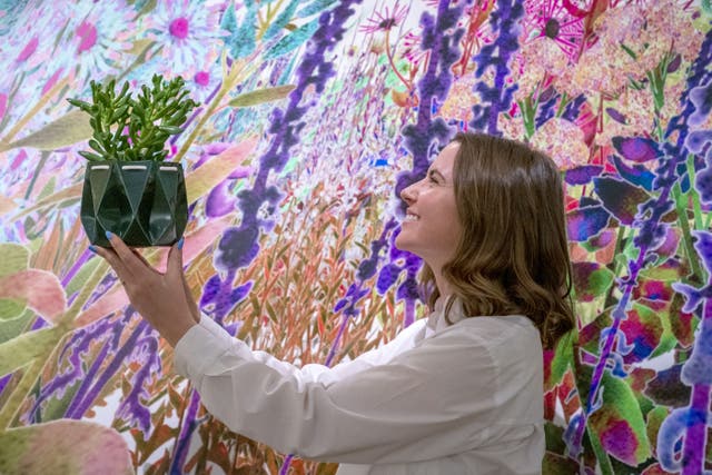 Designer Eilidh Cunningham holds a flat-pack origami plant pot at the preview for the Garden Futures: Designing With Nature (Jane Barlow/PA Wire).