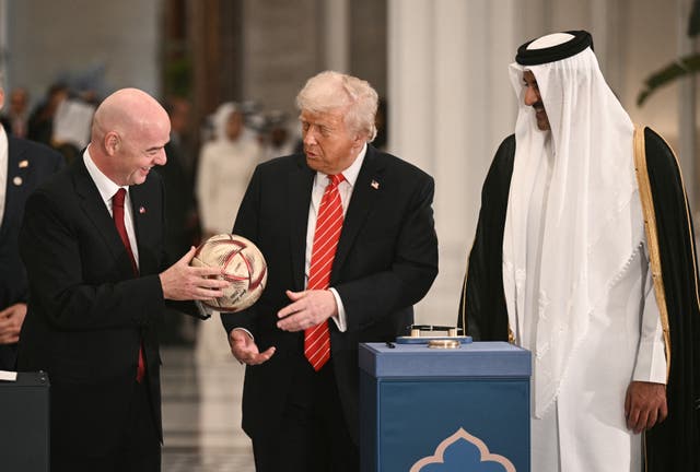 <p>Gianni Infantino meets with Donald Trump and Qatar’s Emir Sheikh Tamim bin Hamad al-Thani in Doha</p>