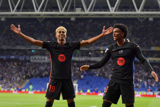 <p>Lamine Yamal celebrates alongside Alex Balde after scoring Barcelona's first goal</p>