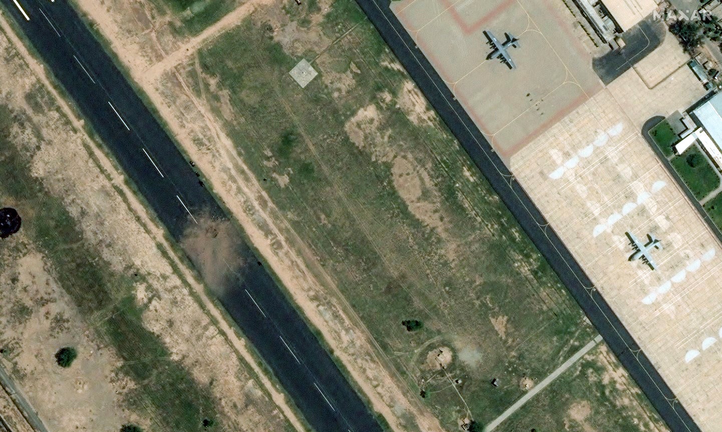 This satellite image provided by Maxar Technologies shows the runway after it was damaged by a strike during hostilities with India at PAF Base Mushaf in Sargodha, Pakistan