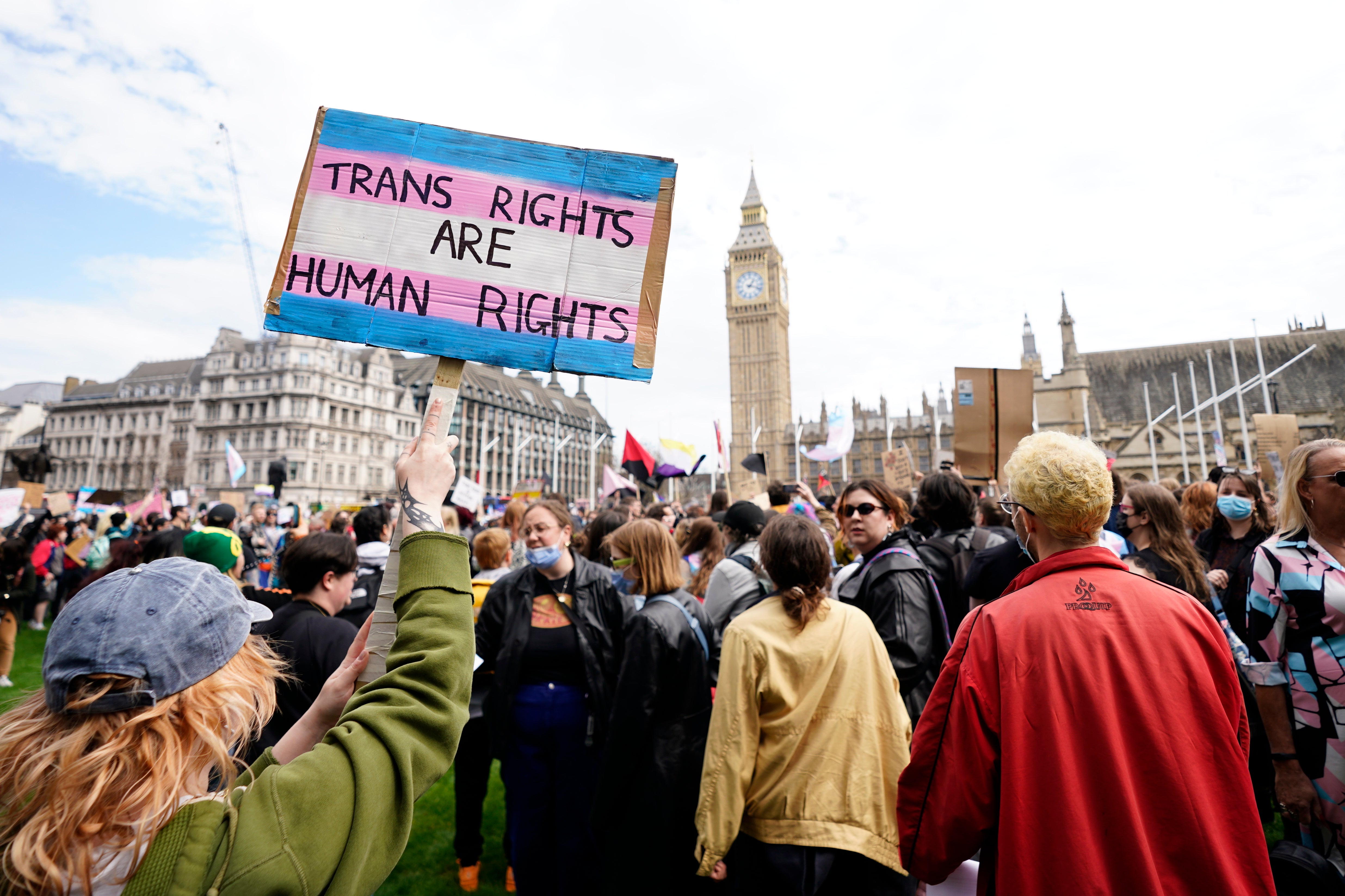 Campaigners take part in a rally organised by trans rights groups, trade unions, and community organisations following the Supreme Court ruling on the definition of a woman in equality law