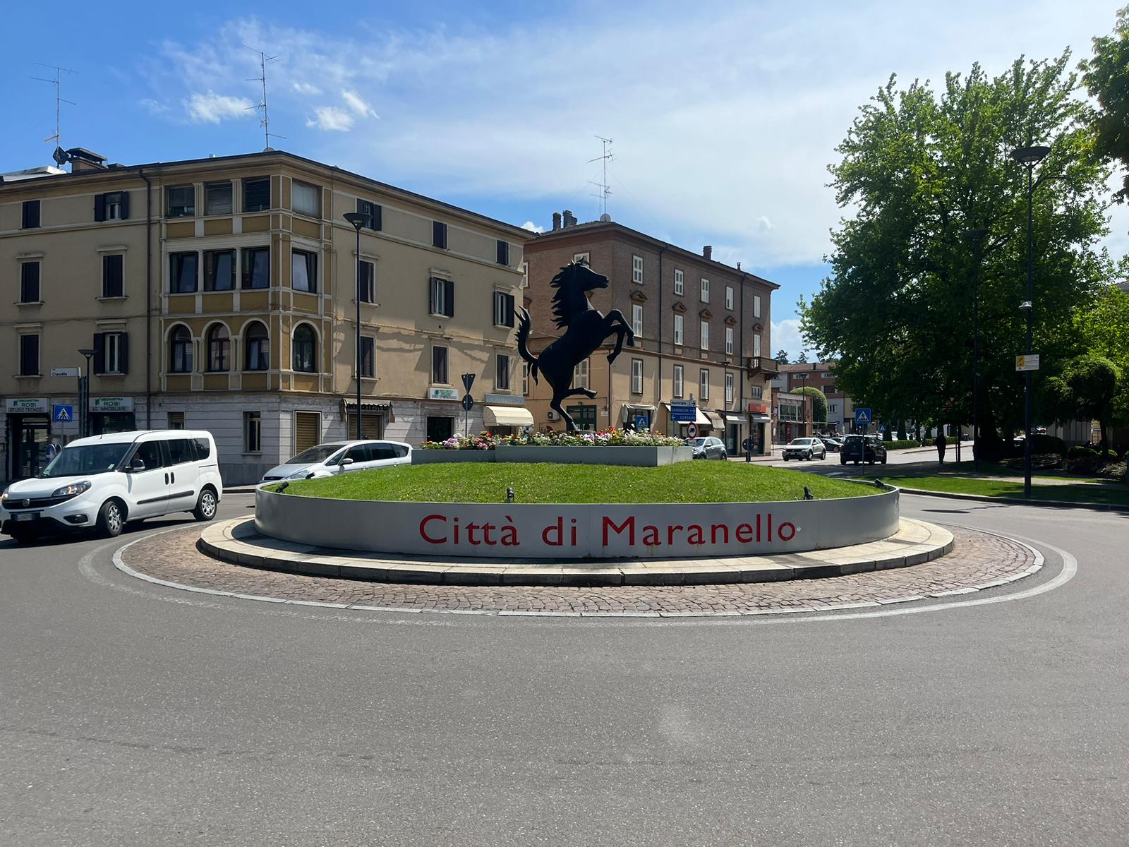 A five-metre-high prancing horse statue in the middle of a roundabout in Maranello