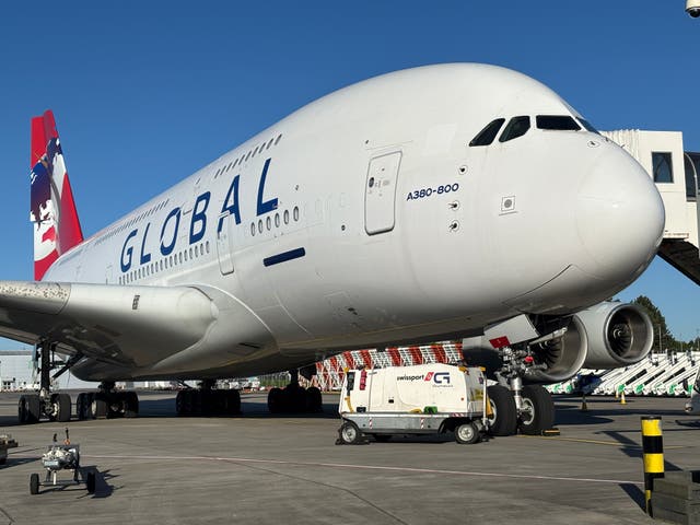 <p>Pre-flight: Global Airlines Airbus A380 at Glasgow airport</p>