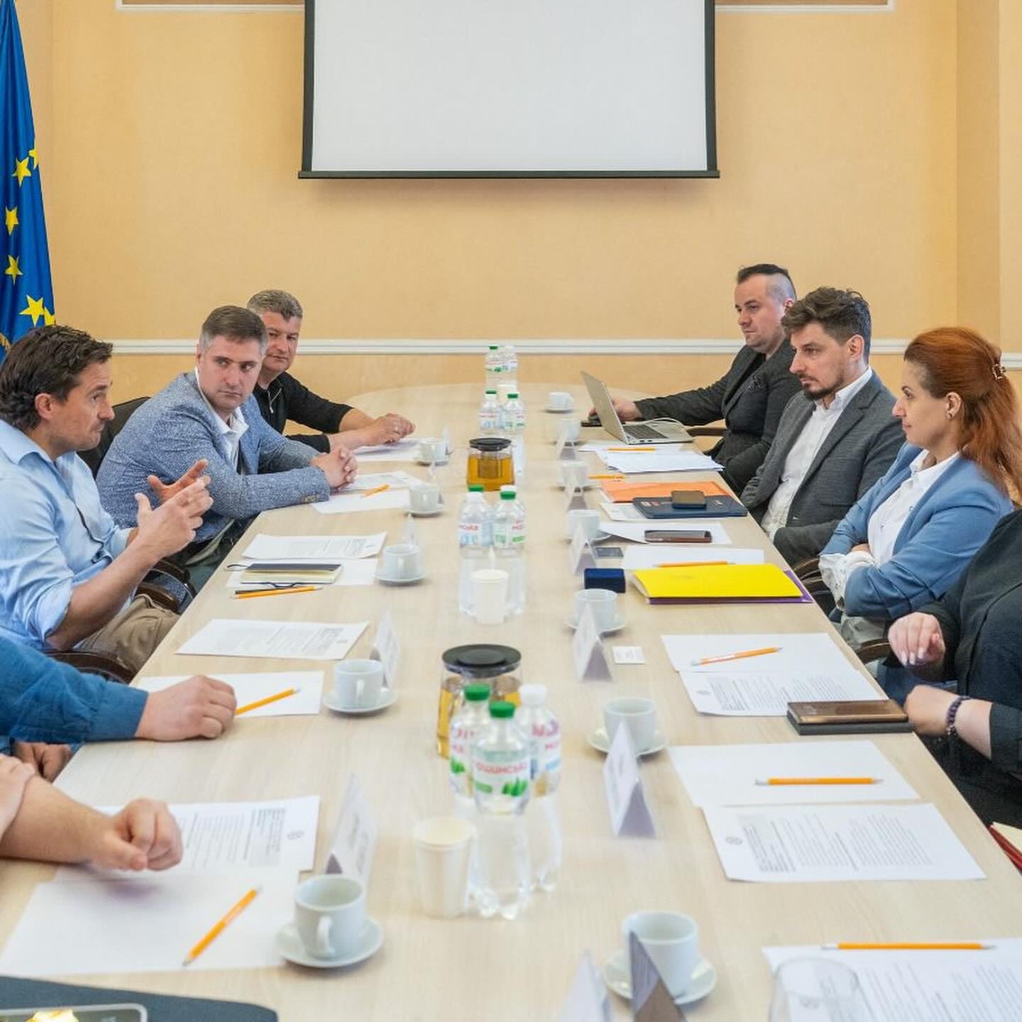 Mr Mercer is supporting Ukraine's veterans ministry in setting up a platform of support for ex-soldiers. He is pictured here speaking to officials during his visit to Kyiv in April
