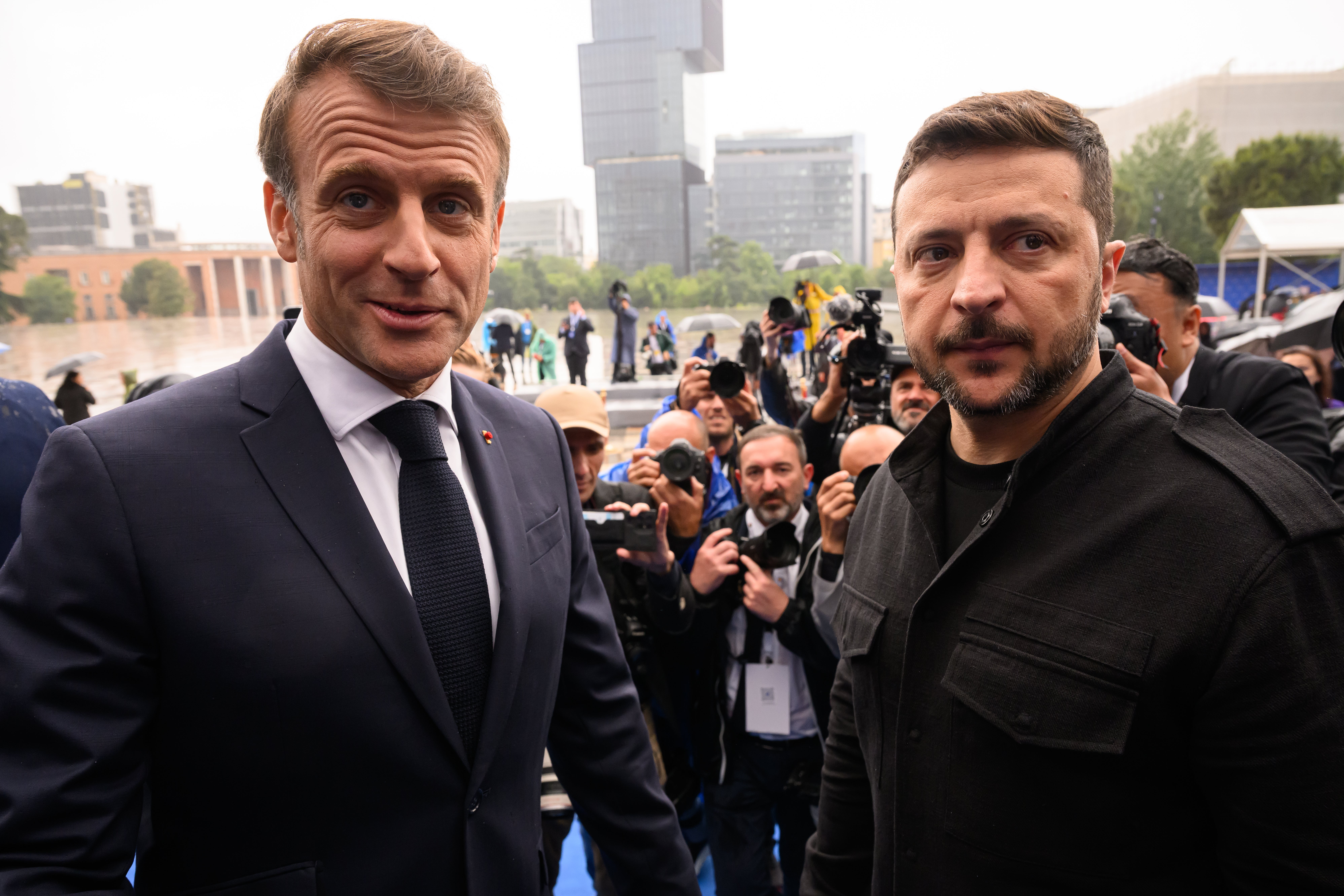 Emmanuel Macron speaks with Volodymyr Zelenskyy at the European Political Community Summit (EPC) in Tirana, Albania on Friday