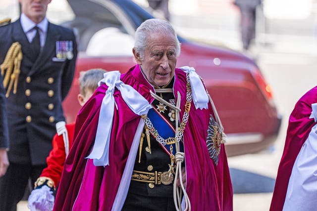 The King arrives for the Service for the Oath and Installation of the Great Master and the Knights Grand Cross (Ben Whitley/PA)