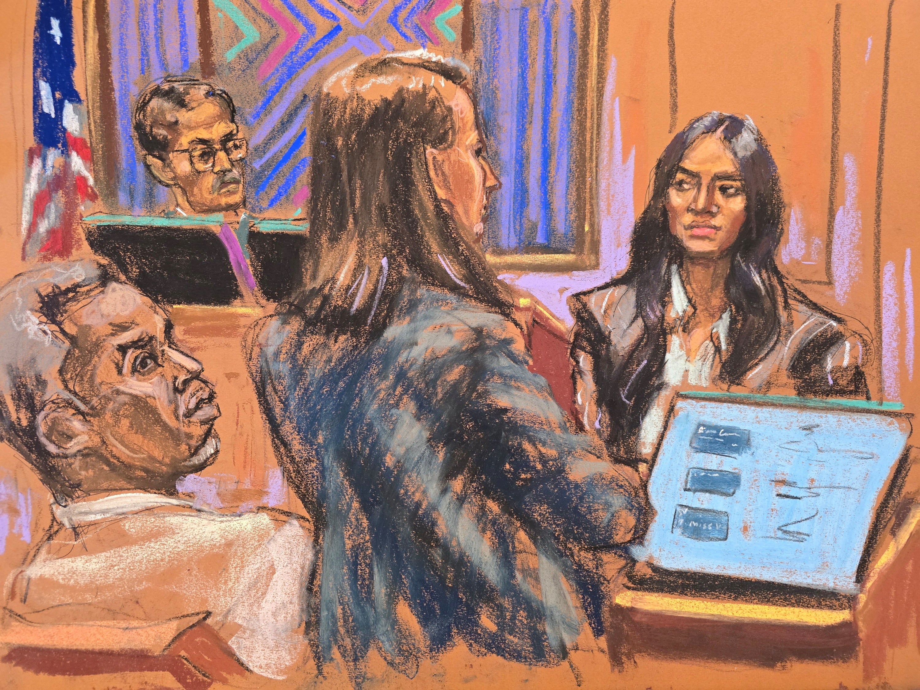 Anna Estevao, part of Diddy’s defense team, cross-examines Ventura.