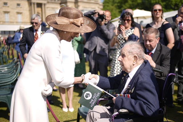 The Duchess of Gloucester met 102-year-old veteran, Harry Winter, during the Not Forgotten Association Annual Garden Party at Buckingham Palace (Aaron Chown/PA)