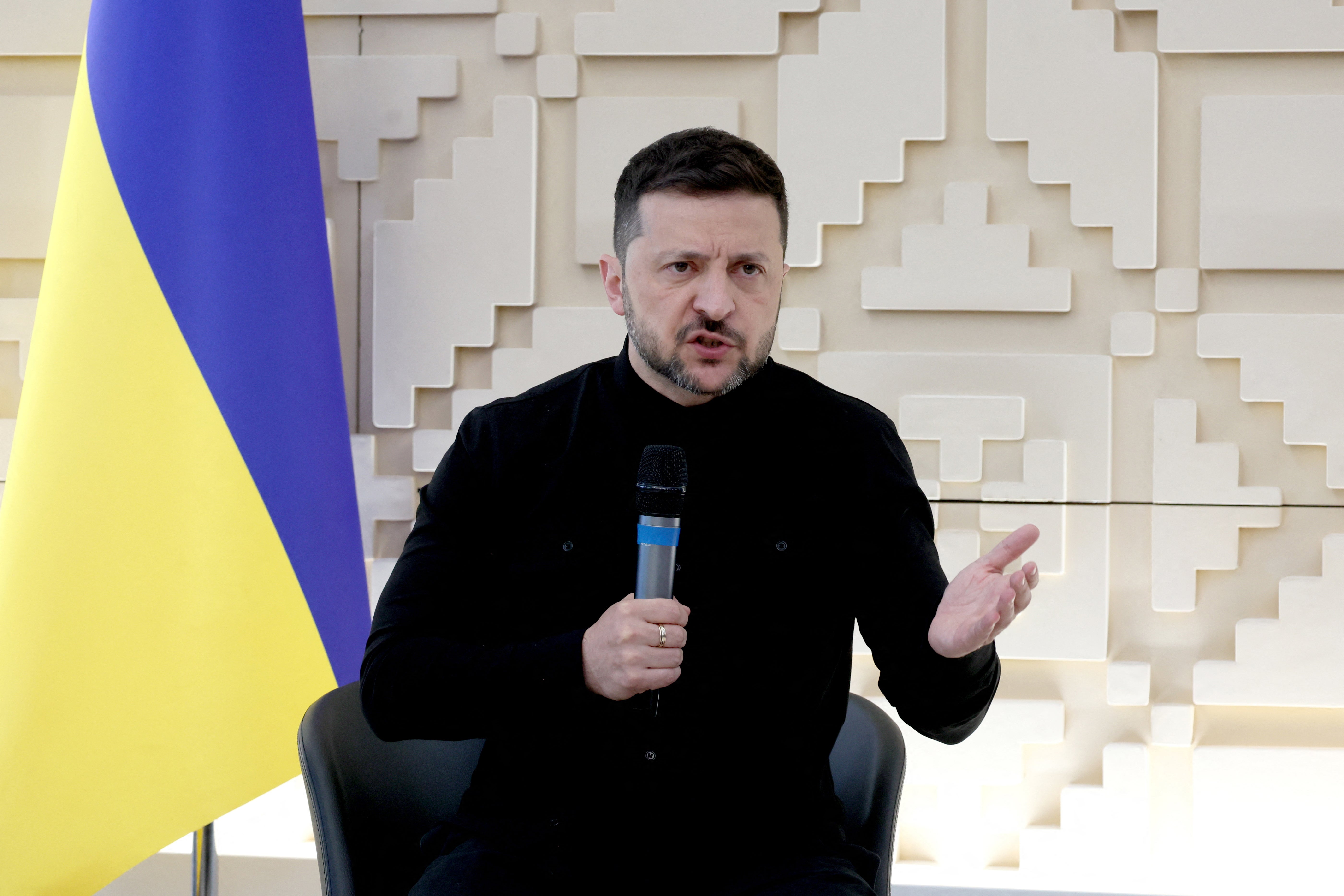 Ukrainian president Volodymyr Zelensky speaks during a press conference at the Ukranian Embassy, in Ankara on 15 May 2025