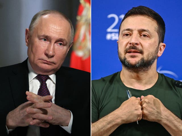 <p>Combination picture of Russian president Vladimir Putin and Ukraine's president Volodymyr Zelensky</p>
