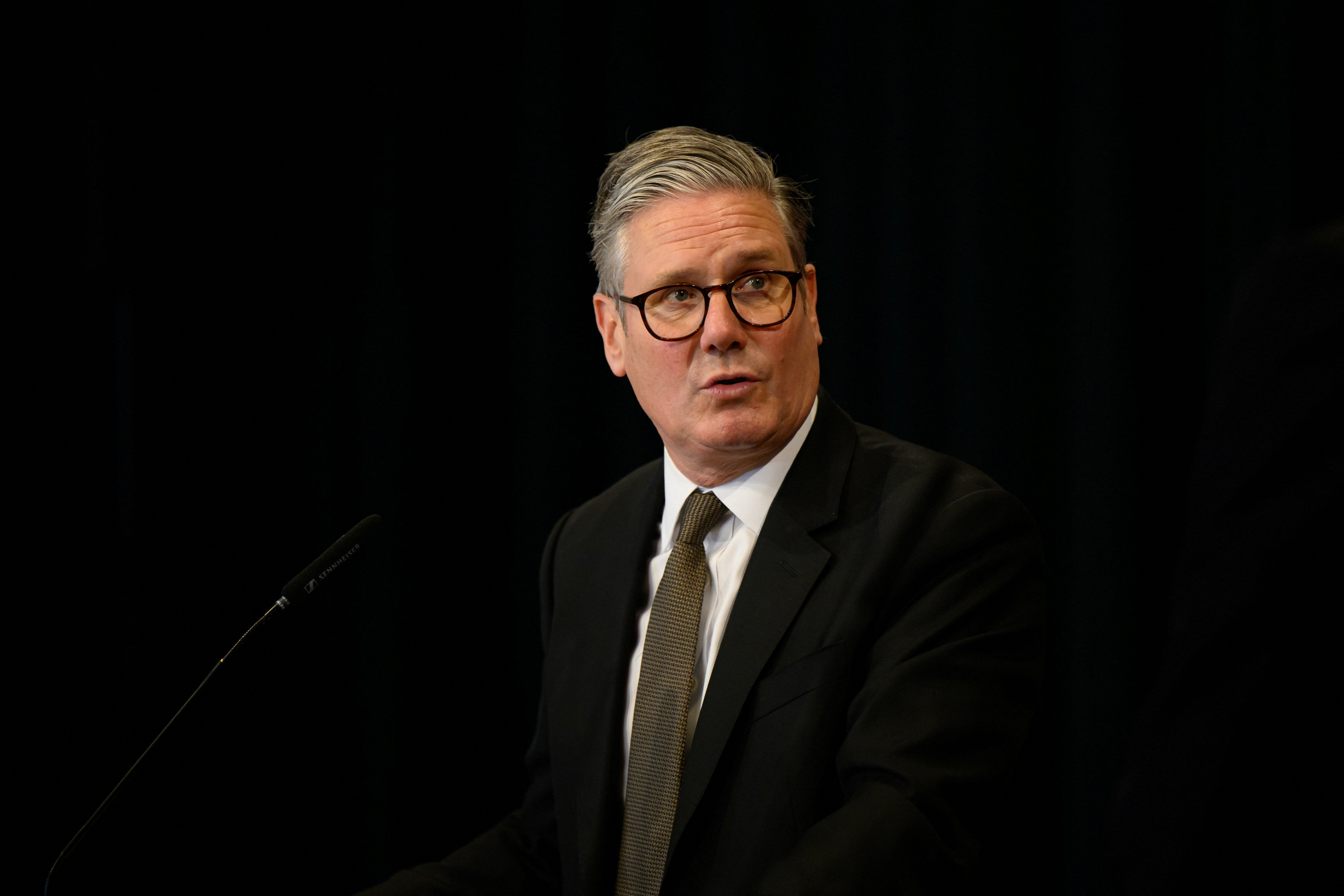Prime minister Keir Starmer gestures as he addresses media representatives during a joint press conference with Albania's prime minister