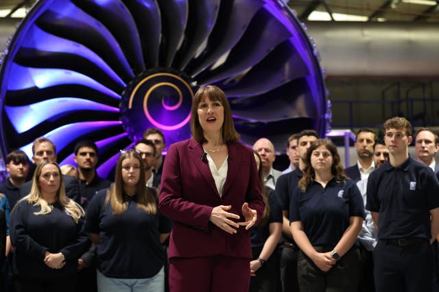 Chancellor of the Exchequer Rachel Reeves speaks with the media at the Rolls-Royce factory in Derby. (Darren Staples/PA)